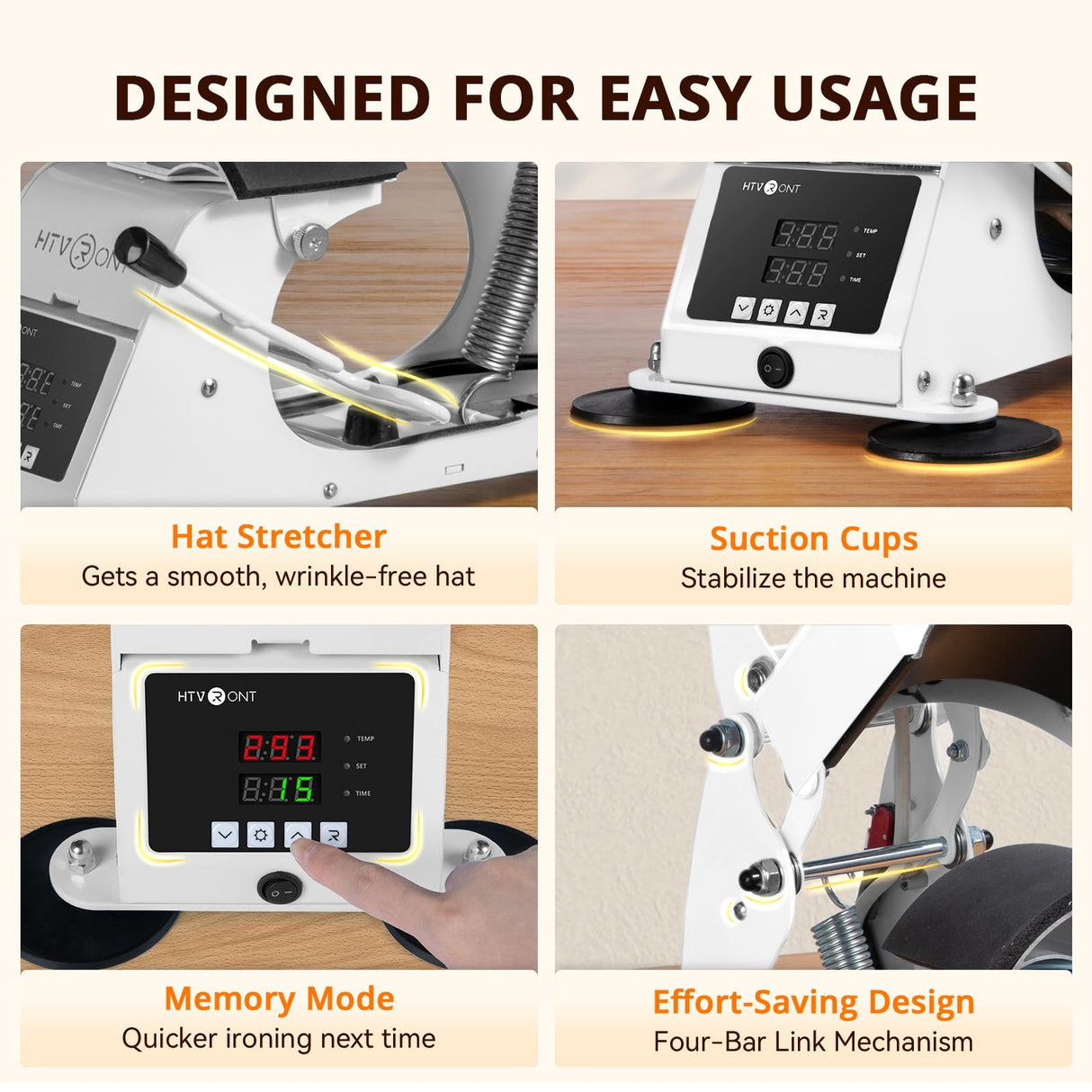 HTVRONT Hat Press Machine - Hat Press Heat Machine for Caps Curved Teflon-Coated Heat Plate, White Hat Heat Press Machine for Caps with Memory Mode and Non-Slip Base for Heat Transfer Vinyl HTVRONT