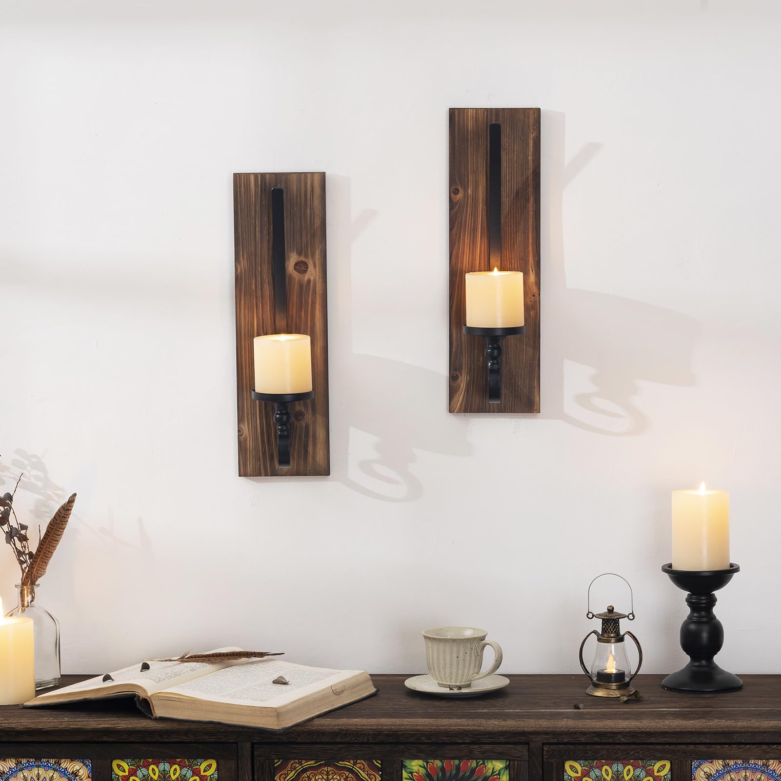 Wall Sconce Candle Holder Black Wall-Mount Metal and Wooden Candle Holders Hanging Iron Wall Candle Sconce Holder for Home,Living Room, Bathroom, Dining Room, Set of 2 - WoodArtSupply