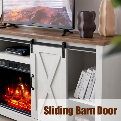 AMERLIFE Fireplace TV Stand with Sliding Barn Door for TVs up to 73", Farmhouse 63" Fireplace Entertainment Center with Storage Cabinets/Adjustable Shelves, Distressed White & Barnwood AMERLIFE