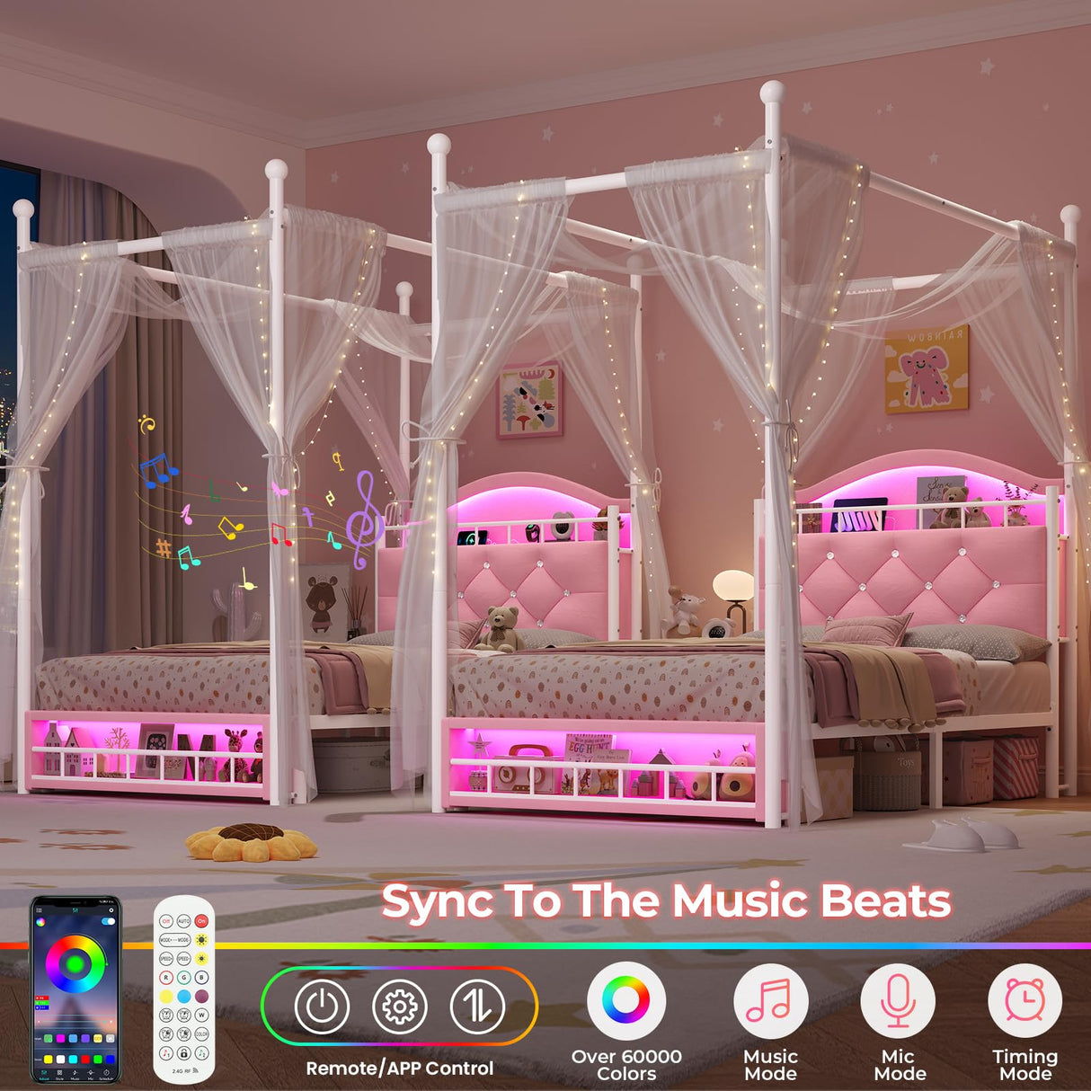 ADORNEVE Twin Canopy Bed Frame with LED Lights and Charging Station, Velvet Upholstered Platform Bed for Girls,Headboard with Charging Station & Guardrail & Crystal Button,Pink ADORNEVE