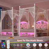 ADORNEVE Twin Canopy Bed Frame with LED Lights and Charging Station, Velvet Upholstered Platform Bed for Girls,Headboard with Charging Station & Guardrail & Crystal Button,Pink ADORNEVE