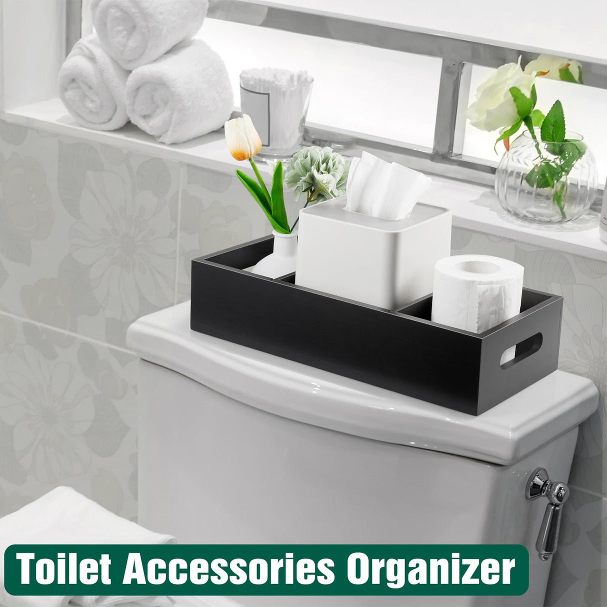 14 Inch Bathroom Basket with Removable Dividers - 3 Comparments Wood Toilet Paper Basket with Handle for Back of Toilet Tank Topper - Black Storage Organizer for Bathroom Kitchen Pantry Organization dreamkey