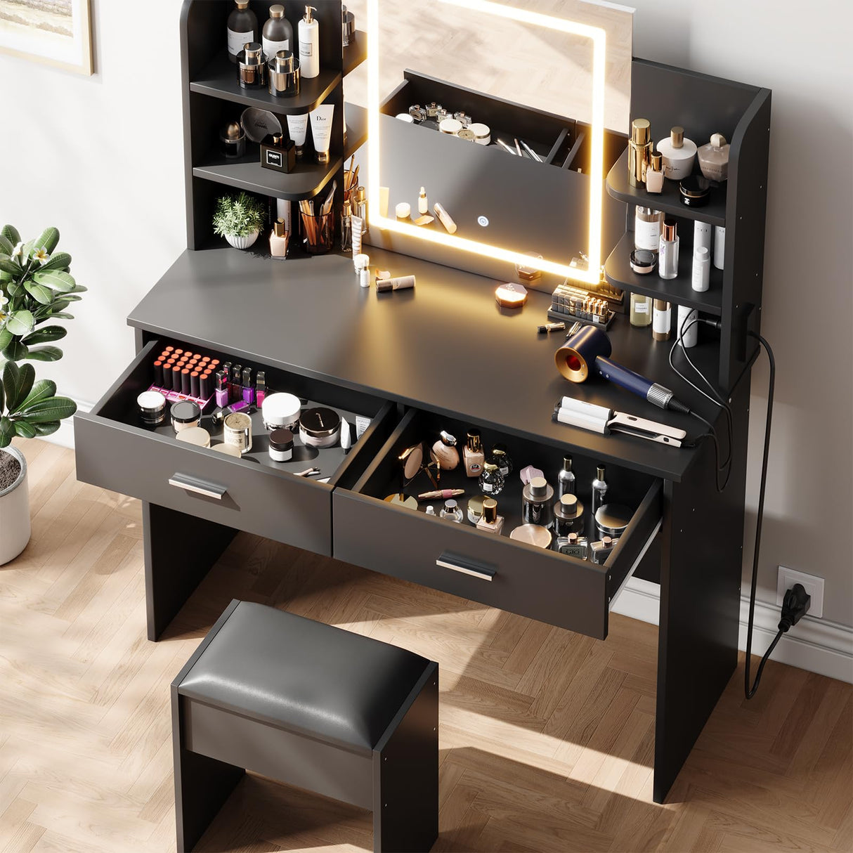 Patikuin Vanity Desk with Lighted Mirror, Makeup Vanity Set with Power Outlet, Cushioned Stool, Vanity Table with 6 Storage Shelves, 2 Large Drawers and 3 Color Light Adjustable Brightness, Black Patikuin