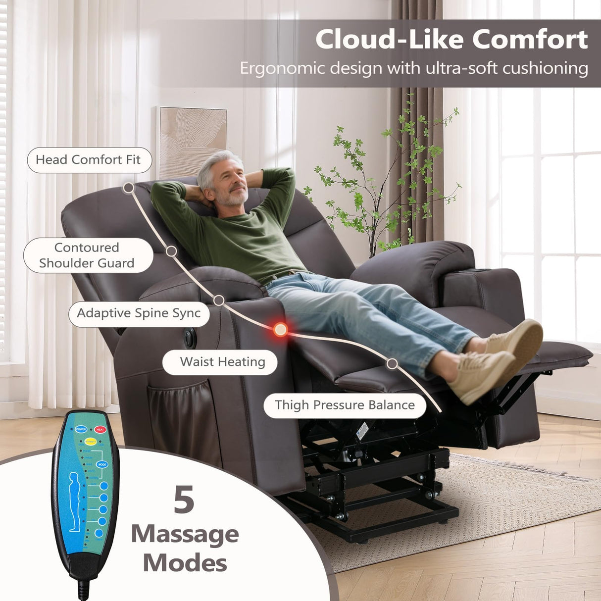 ANJ Brown Power Lift Recliner Chair for Elderly with Heat & Massage, Faux Leather Electric Recliner Sofa with Cup Holders, USB Port & Side Pockets, Heavy Duty Reclining Chair for Seniors ANJ