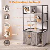 Cat Litter Box Enclosure,Hidden Litter Box Furniture with Metal Frame,Wooden Kitty House with Barn Door,Wooden Cat Washroom Furniture,Fit Most of Litter Box (Grey, M) Suumerpety