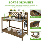 PetsCosset Garden Potting Benches & Tables,Outdoor Wooden Work Station W/Metal Table Top,Drawer,Large Bottom Shelf,Open Shelf Natural Wood-Natural Stained PetsCosset