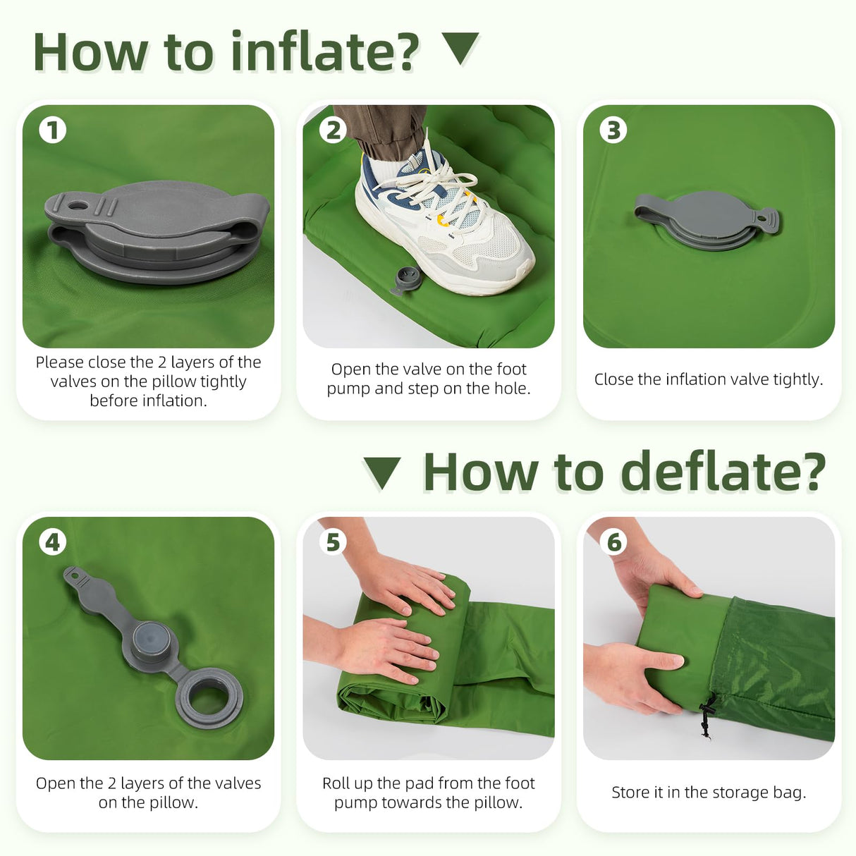 FNARMW Camping Sleeping Pad, Extra Thick 5 Inch Camping Mat with Pillow Built-in Foot Pump Inflatable Sleeping Pads Compact for Camping Backpacking Hiking Traveling Tent（Green） FNARMW