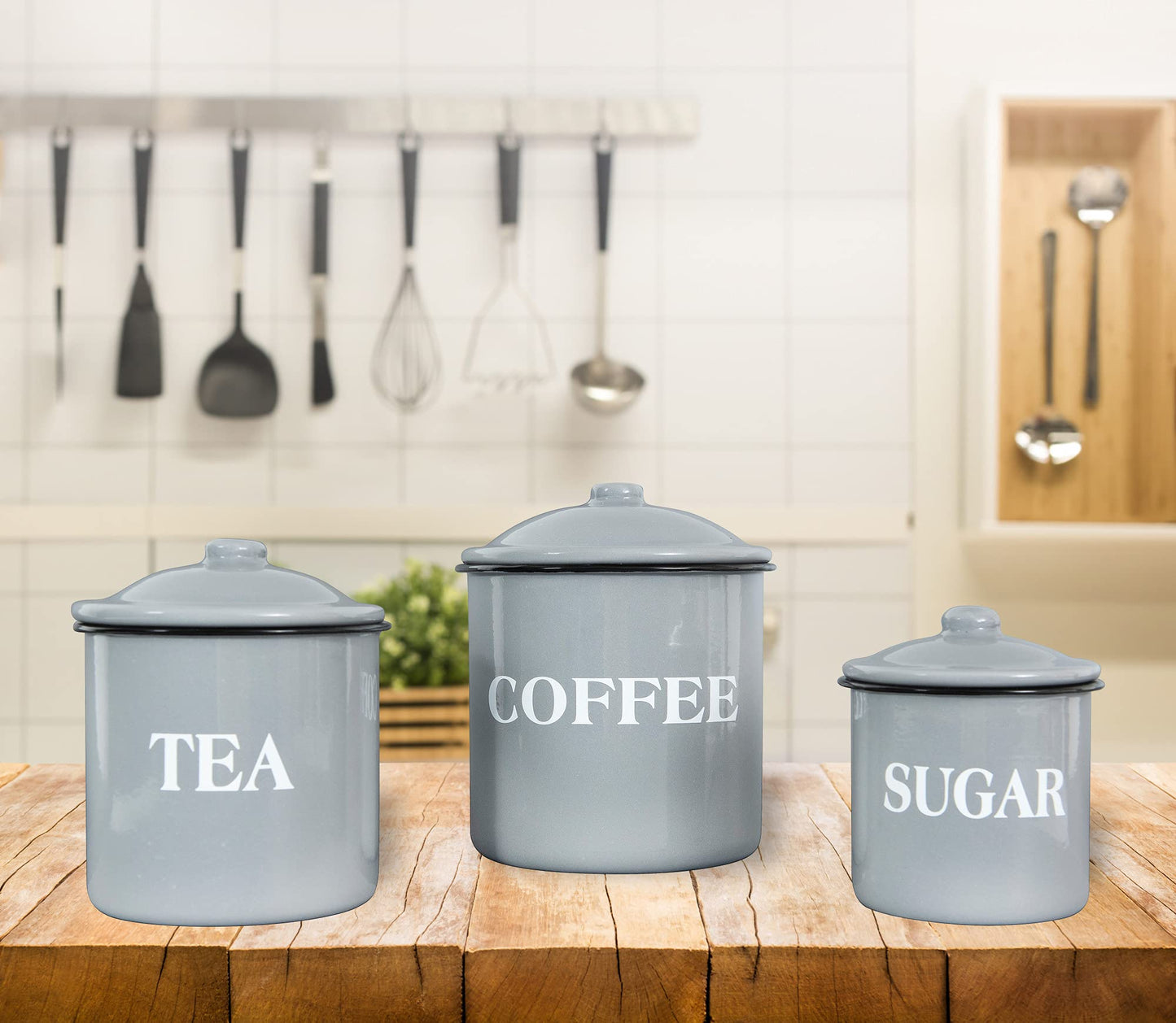 Creative Co-Op Metal Containers with Lids, "Coffee", "Tea", "Sugar" (Set of 3 Sizes/Designs),Grey