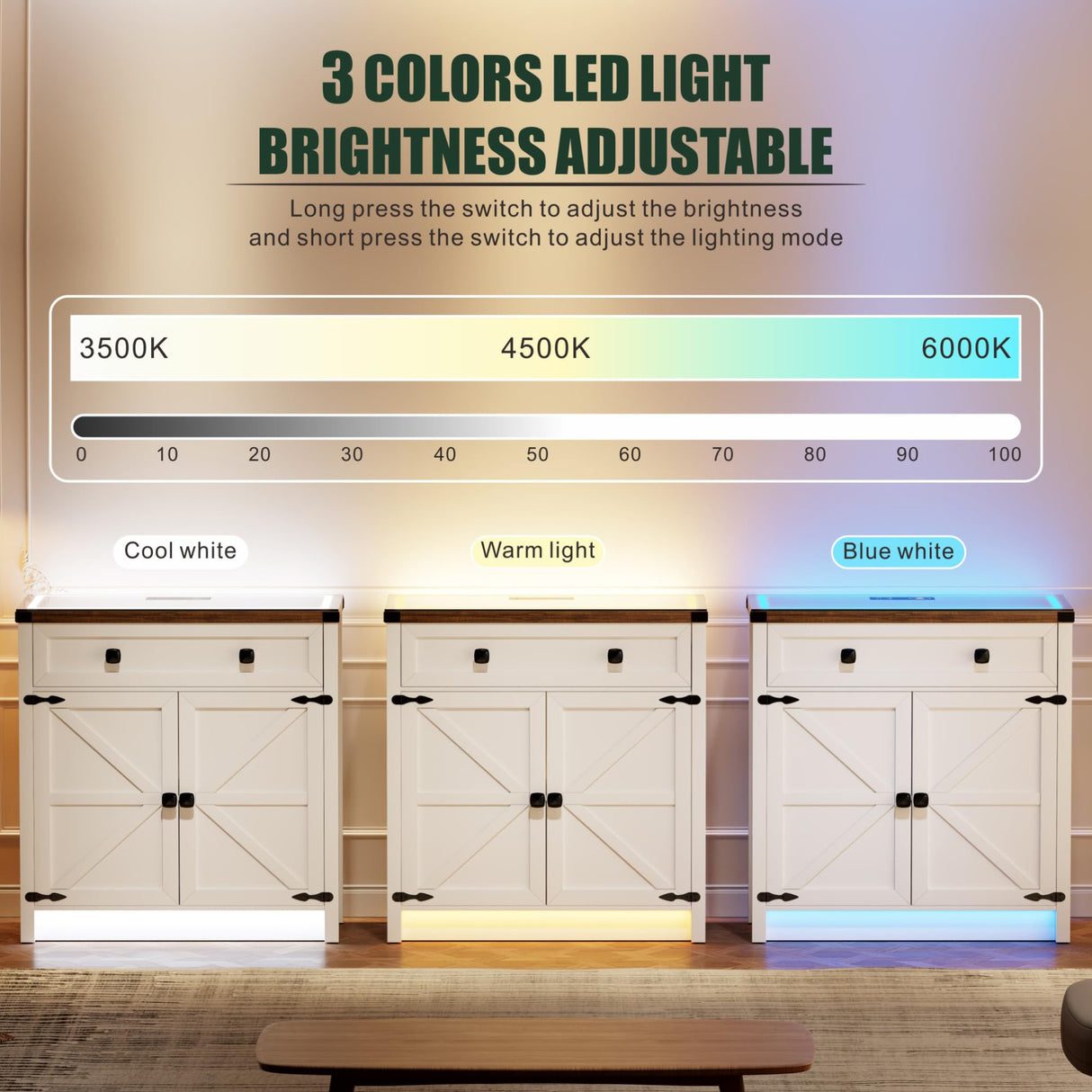 Farmhouse LED Storage Cabinet With Glass TOP,Smart Buffet Sideboard Cabinet with Charging Station,Standing Coffee Bar Cabinet With 2 Doors &Drawer for Bathroom,Kitchen,Living Room,Bedroom,White FREDEES