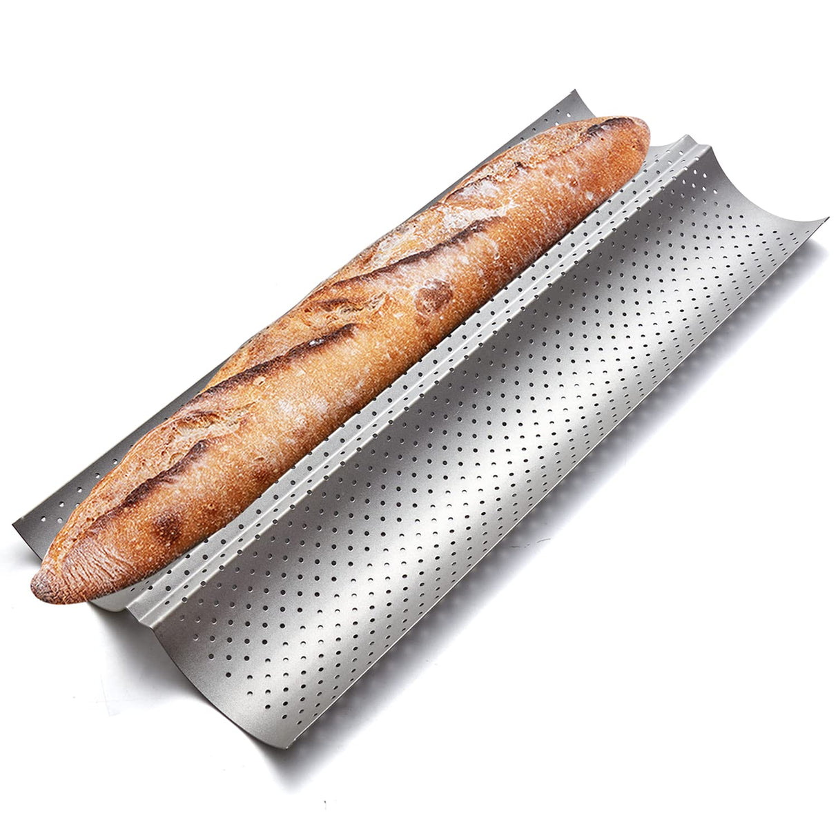 KITESSENSU Nonstick Baguette Pans for French Bread Baking, Perforated 2 Loaves Baguettes Bakery Tray, 15" x 6.3", Silver KITESSENSU