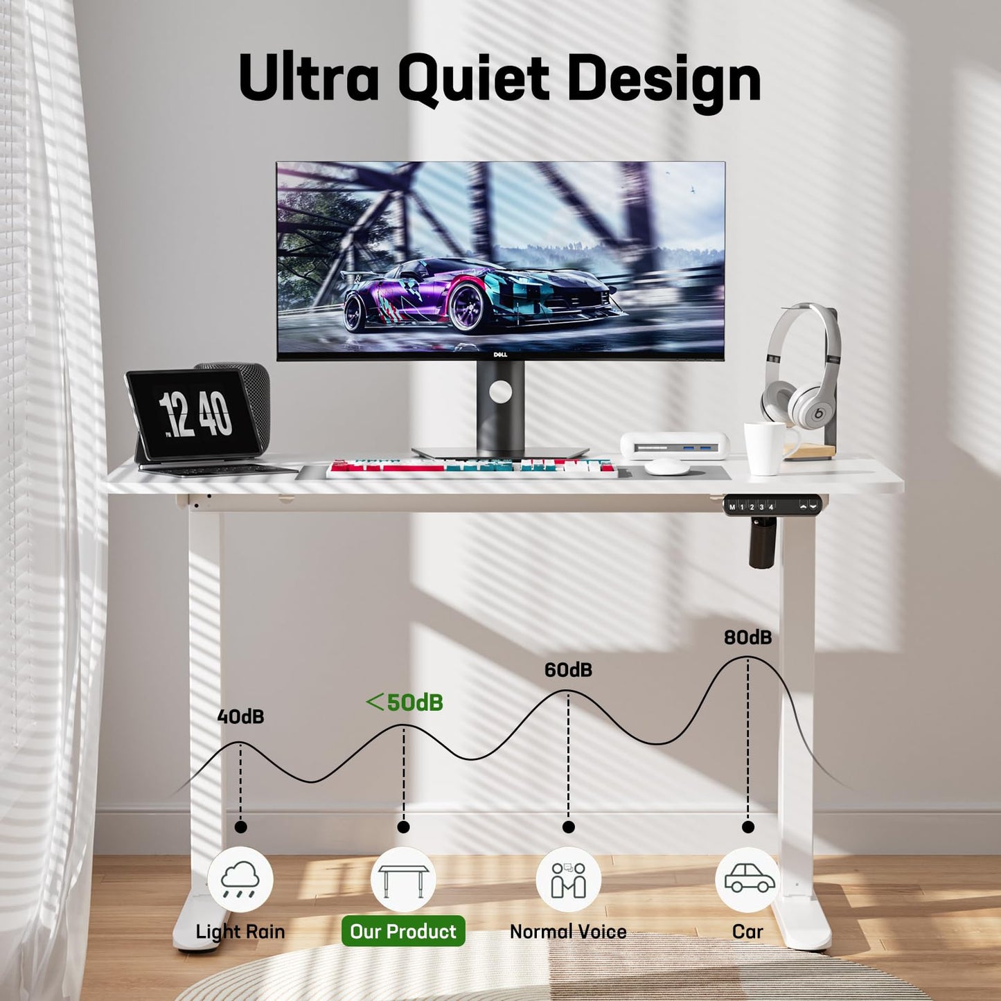 ADOFFUR Electric Standing Desk, 48 x 24 Inch Adjustable Height Desk with Whole-Piece Desktop, Black Sit Stand Up Desk, Home Office Desk with 4 Memory Presets (White Top)