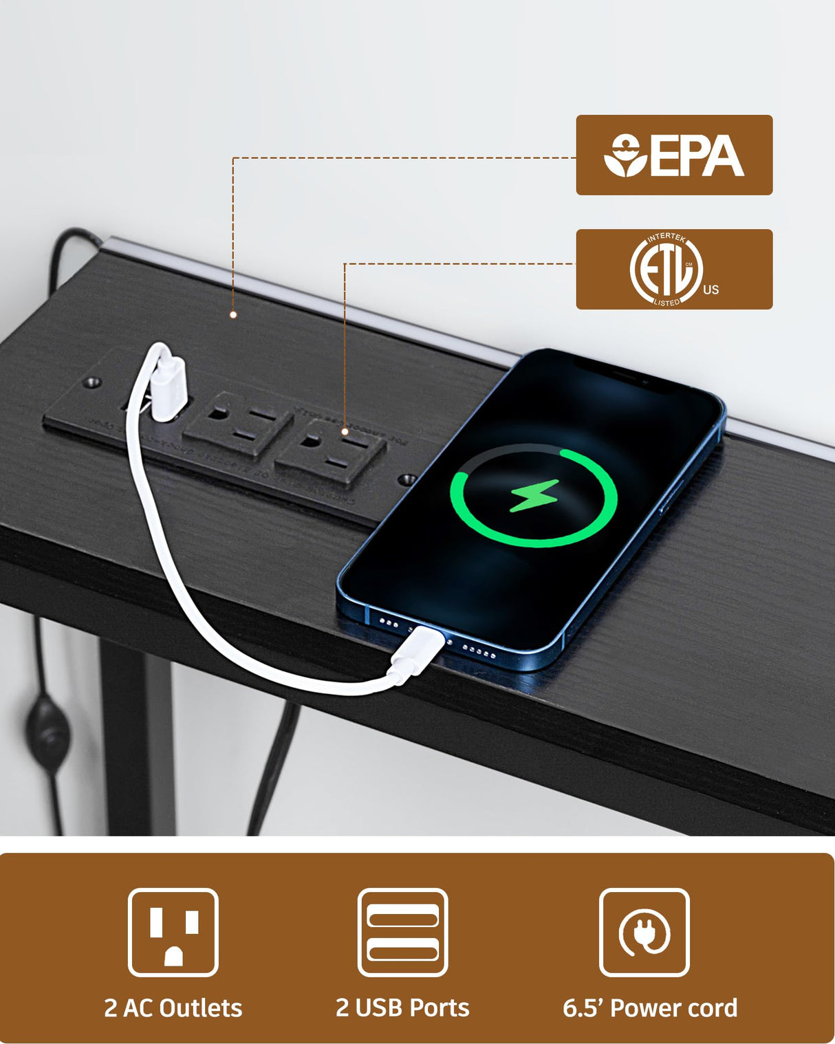 ELYKEN 2 Pack 5.9" Narrow Console Sofa Table with 7 Colors LED Light Strip, 5.9" Dx39.4”Wx31.1”H Long Behind Couch Table with Charge Station, Skinny Table Metal Frame 6.5’ Extension Cord ELYKEN