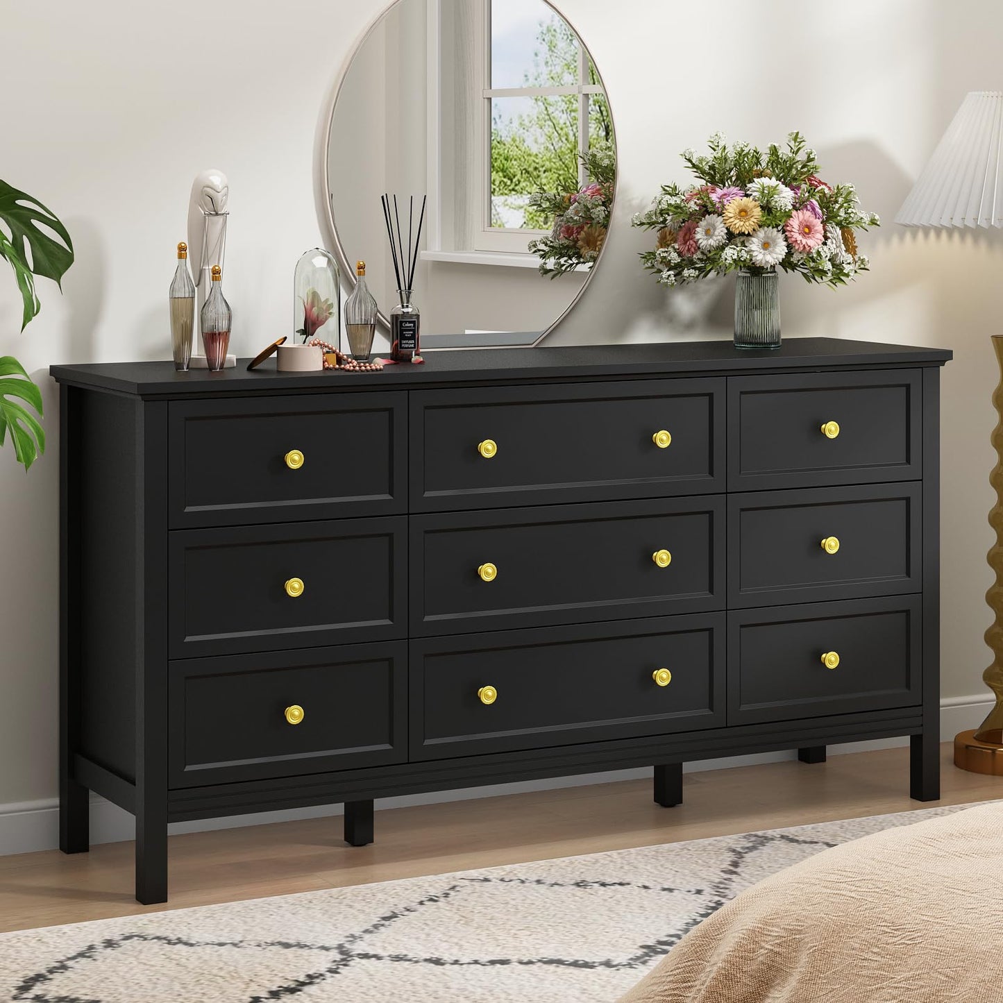 CARPETNAL Black Dresser for Bedroom, 9 Drawer Dresser with Wide Drawers and Gold Metal Handles, 59" White and Gold Dresser TV Stand, Modern Dressers & Chests of Drawers for Hallyway, Entryway.