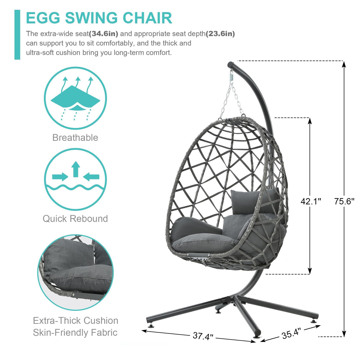 SWITTE Egg Swing Chair with Stand, Outdoor Patio Hanging Egg Chair, Indoor Hammock Chair with Cushion for Garden Backyard, 350LBS Capacity-Dark Grey SWITTE