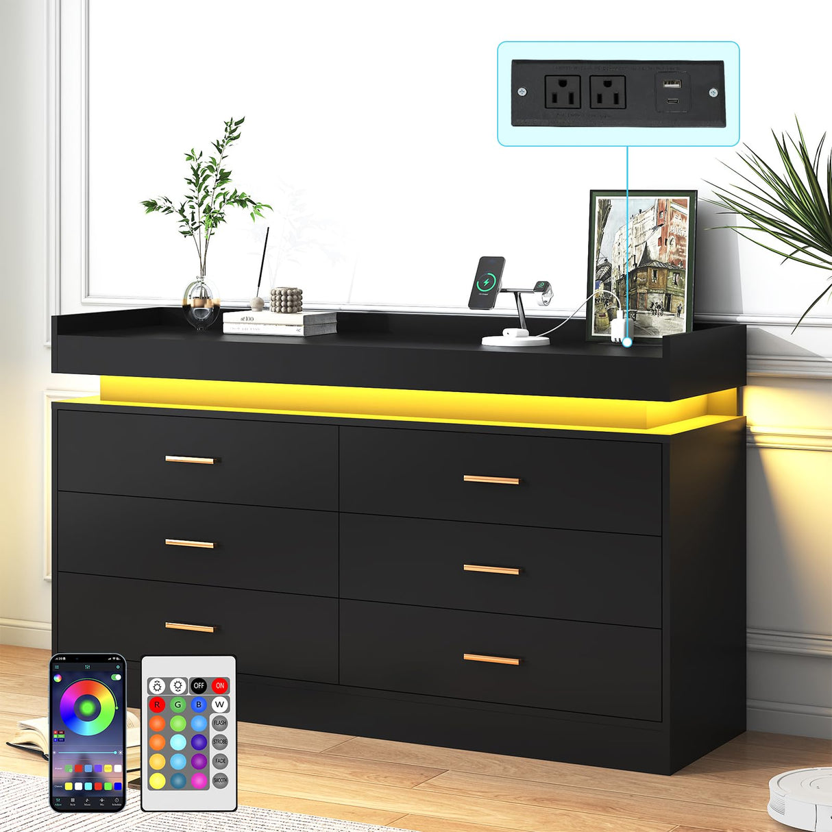 jiteentarou 6 Drawer Dresser with Charging Station and LED Lights, Modern Chest of Drawers with Power Outlet, Organizer Cabinet for, Living Room, Black jiteentarou