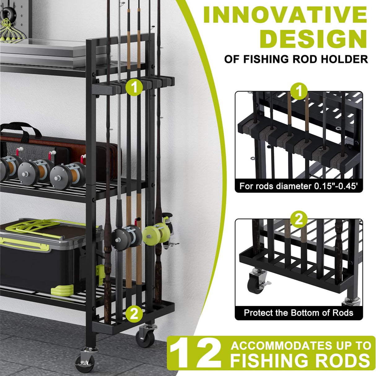 Fishing Rod Holders for Garage, Fishing Rod Stand with Wheels and Pegboard, 3-Tier Pole Storage Rack with 12 Rod Slots, Ideal for Tackle, Backpacks, and Gear Black SEEAHEAD