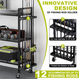 Fishing Rod Holders for Garage, Fishing Rod Stand with Wheels and Pegboard, 3-Tier Pole Storage Rack with 12 Rod Slots, Ideal for Tackle, Backpacks, and Gear Black SEEAHEAD