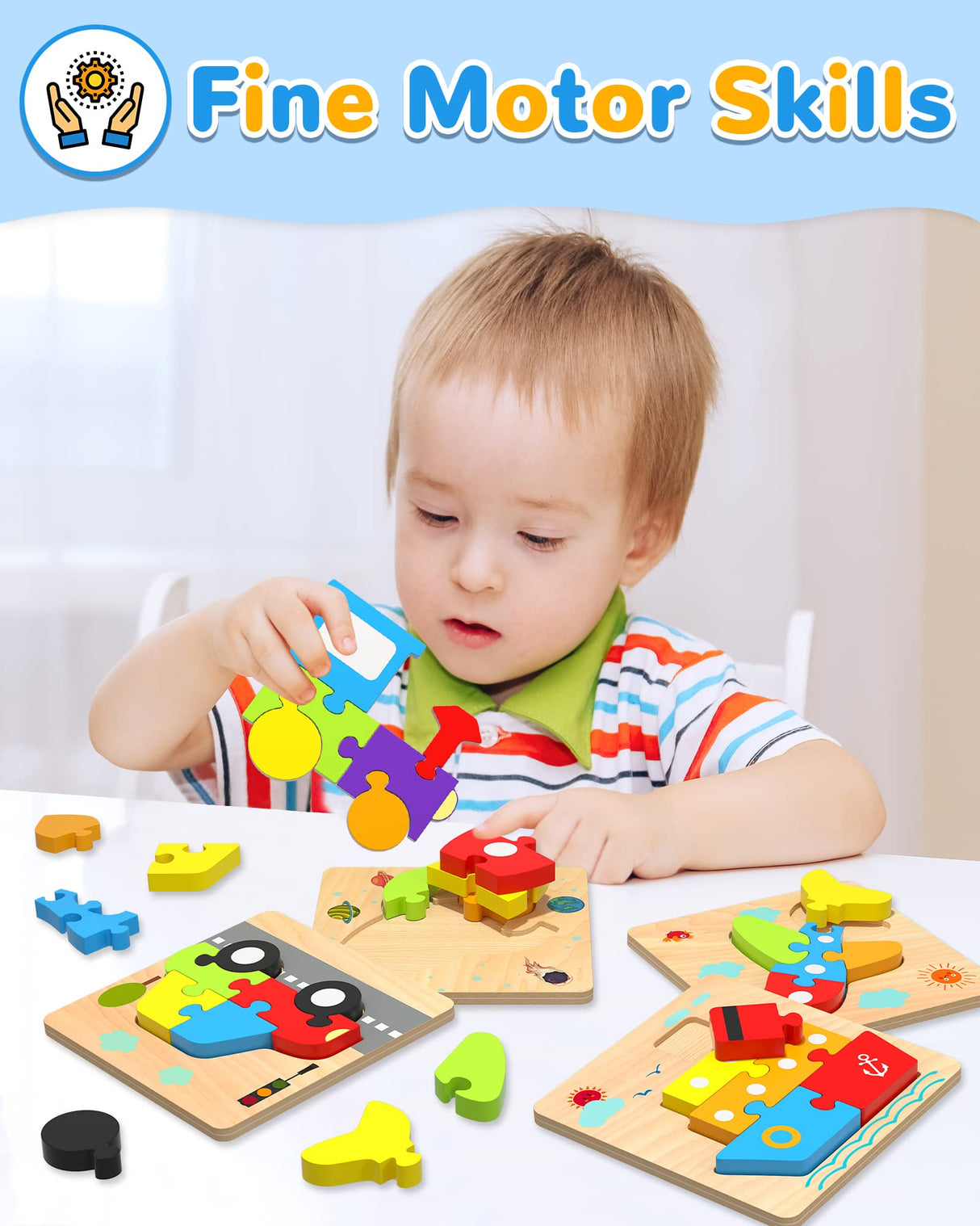 Yetonamr Wooden Toddler Puzzles Gifts Toys for 1 2 3 Years Old Boys Girls, 4 Vehicle Shape Montessori Toys Educational Blocks Kids Toys Gift Baby Learning Toy Age 1-3, 2-4 Yetonamr