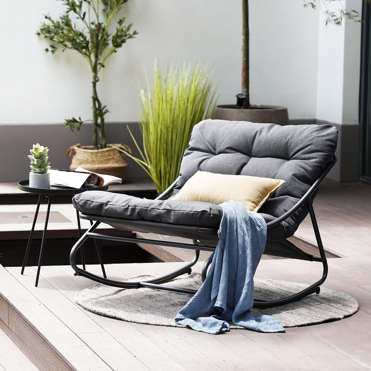 Grand patio Rocking Chair Indoor and Outdoor, Metal Patio Lounge Rocking Chair with Thick Cushion, Comfy Modern Rocker for Living Room Porch Backyard Grand patio