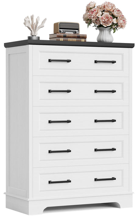 Furmax Farmhouse Dresser for Bedroom, 5 Drawers Dresser, Wood Chest of Drawers, 52" Wide Storage Dressers Organizer for Bedroom, Living Room (White and Black) Furmax
