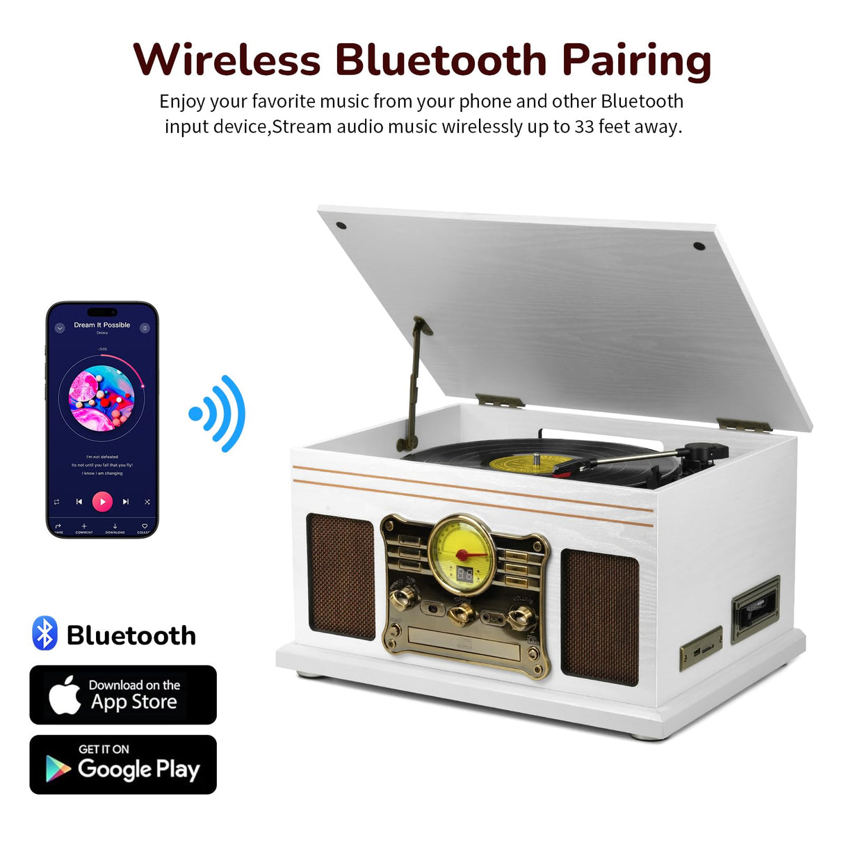 FEKTIK Bluetooth Record Player 10 in 1,FEKTIK 3-Speed Turntable for Vinyl with Speakers, LP to MP3 Converter, CD, Cassette Player, FM Radio, Wireless Streaming | White FEKTIK