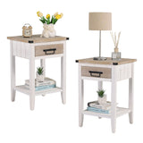 RUSTOWN Farmhouse Bedside Table Set of 2, Rustic Nightstand with Drawers and Open Shelf, Side Table End Tables for Bedroom/Living Room/Lounge (Vintage White) RUSTOWN
