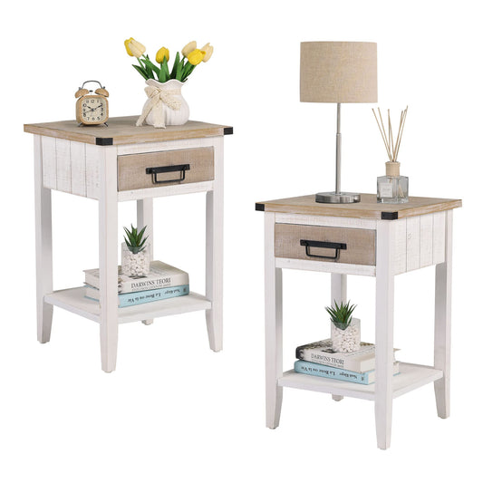 RUSTOWN Farmhouse Bedside Table Set of 2, Rustic Nightstand with Drawers and Open Shelf, Side Table End Tables for Bedroom/Living Room/Lounge (Vintage White) - WoodArtSupply