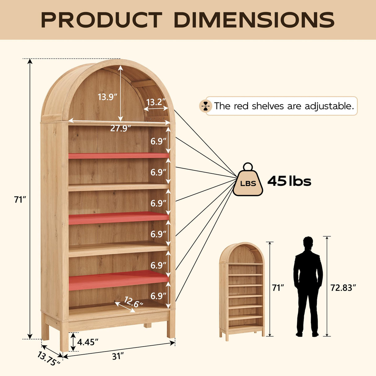 IFGET 71" Tall Arched Bookshelf, 7 Tiers Arch Bookcase with Storage, Modern Farmhouse Book Shelf with Adjustable Shelves, Wood Bookshelf w/Open Display Shelves for Living Room, Office (Natural) IFGET