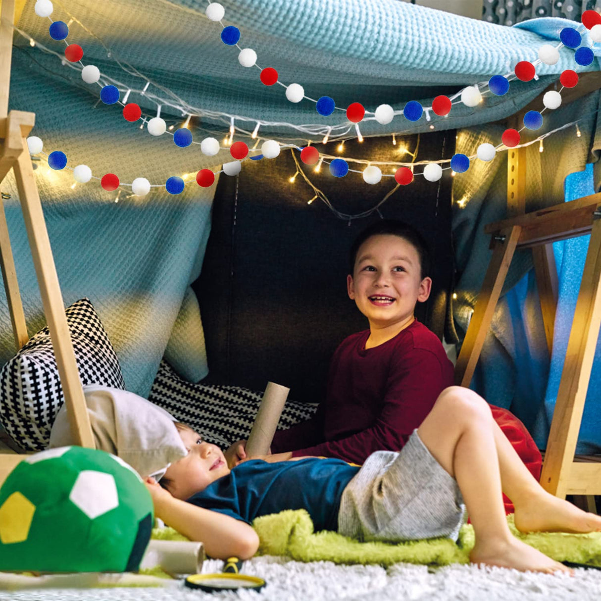 Jishi Pom Pom Garland 4th of July Decorations, Patriotic Red White Blue Felt Ball Garland, 3-Pack 6.6ft Long 24 Cute Pompom Balls String, Christmas Tree Decor Ornaments for Home Birthday Holiday Party Jishi