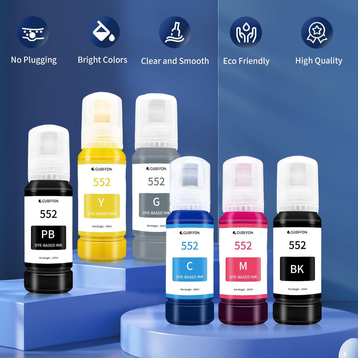 GUBFFON 552 Ink 600ml Refill Ink Bottle Replacement for Epson EcoTank ET-8550 ET-8500 Printer High Capacity 6-Pack (Not Sublimation Ink) GUBFFON