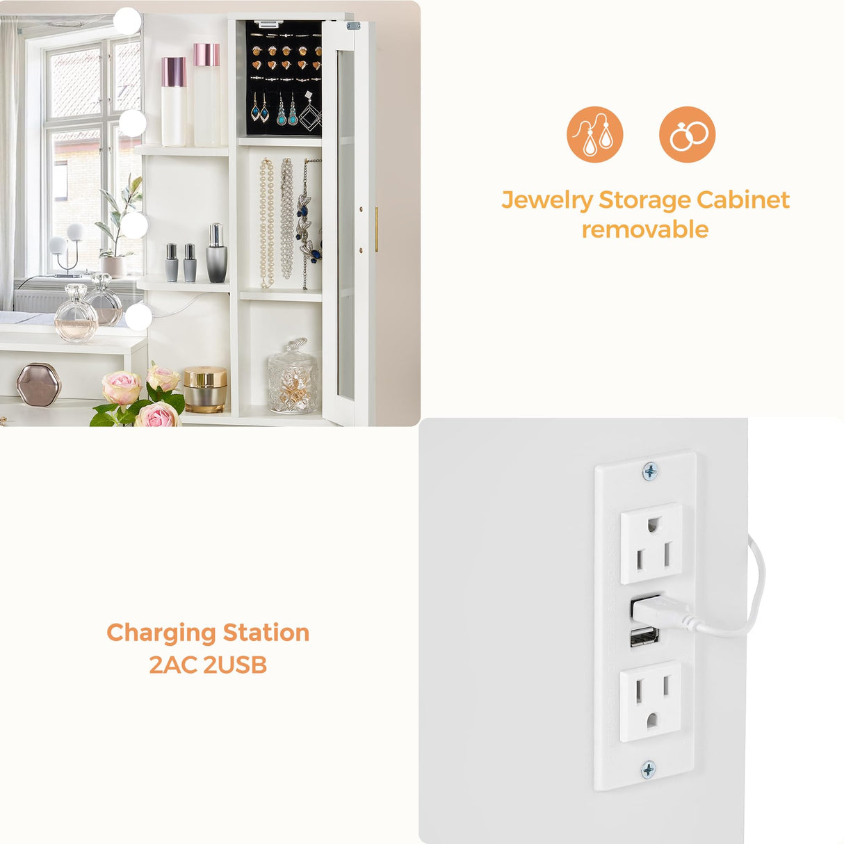 ANWBROAD Large Vanity Desk with Mirror and Lights 45.3" Makeup Vanity with Charging Station Nightstand 3 Lighting Modes Vanity Table Set with 5 Drawers Jewelry Cabinet Glass Door Bedroom White UBDT68W ANWBROAD