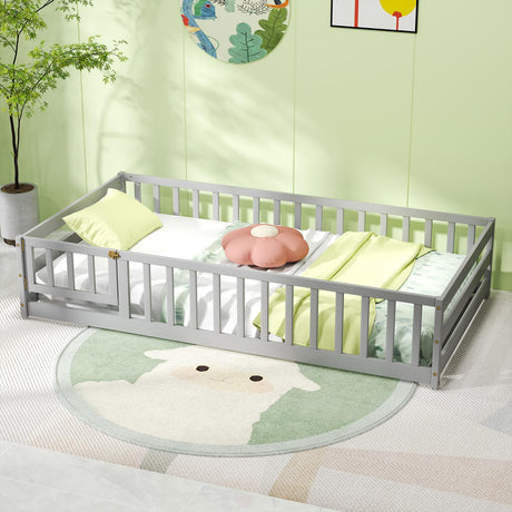 KOMFOTT Twin Size Wood Floor Bed with Door & Fence, Montessori Bed Frame with Full Length Safety Guardrails, Door & Latch, Wooden Montessori Floor Bed for Kids, Girls, Boys (Grey, Twin) KOMFOTT