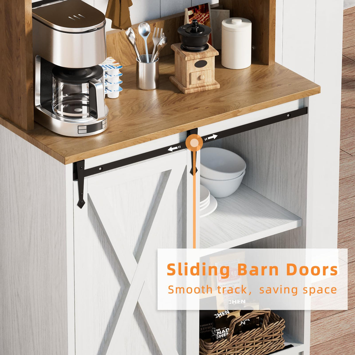 BestHaped Farmhouse Coffee Bar Cabinet with 3 Tier Storage Hutch, 56 Inch Coffee Bar with 6 Hooks, White Small Coffee Station Coffee Bar Table with Adjustable Shelves for Living Dining Room BestHaped