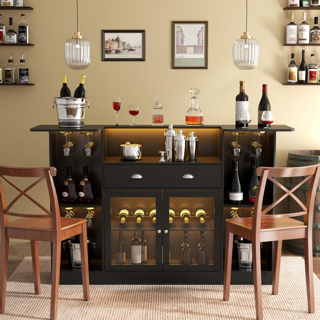 Loomie Crescent-Shaped LED Bar Cabinet with Drawer & Adjustable Wine Rack Loomie