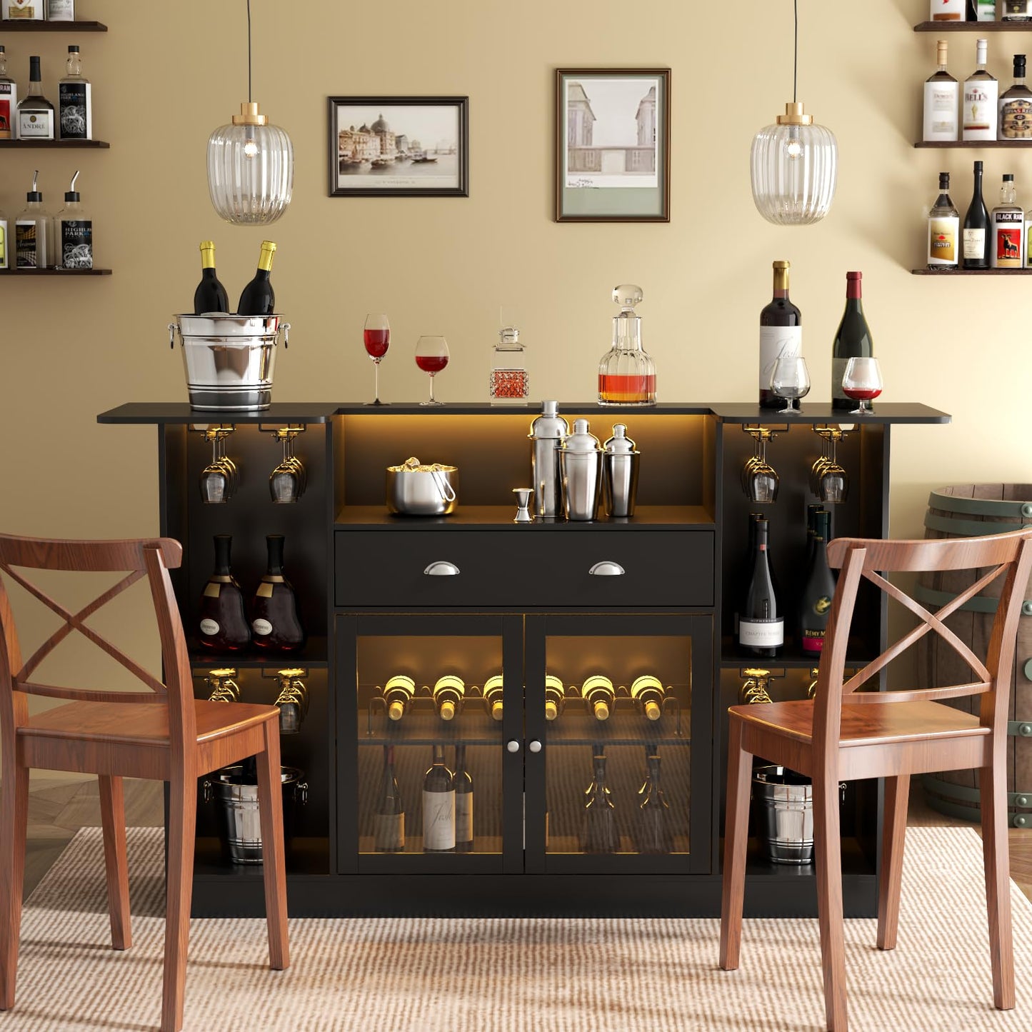 Loomie Crescent-Shaped LED Bar Cabinet with Drawer & Adjustable Wine Rack - WoodArtSupply