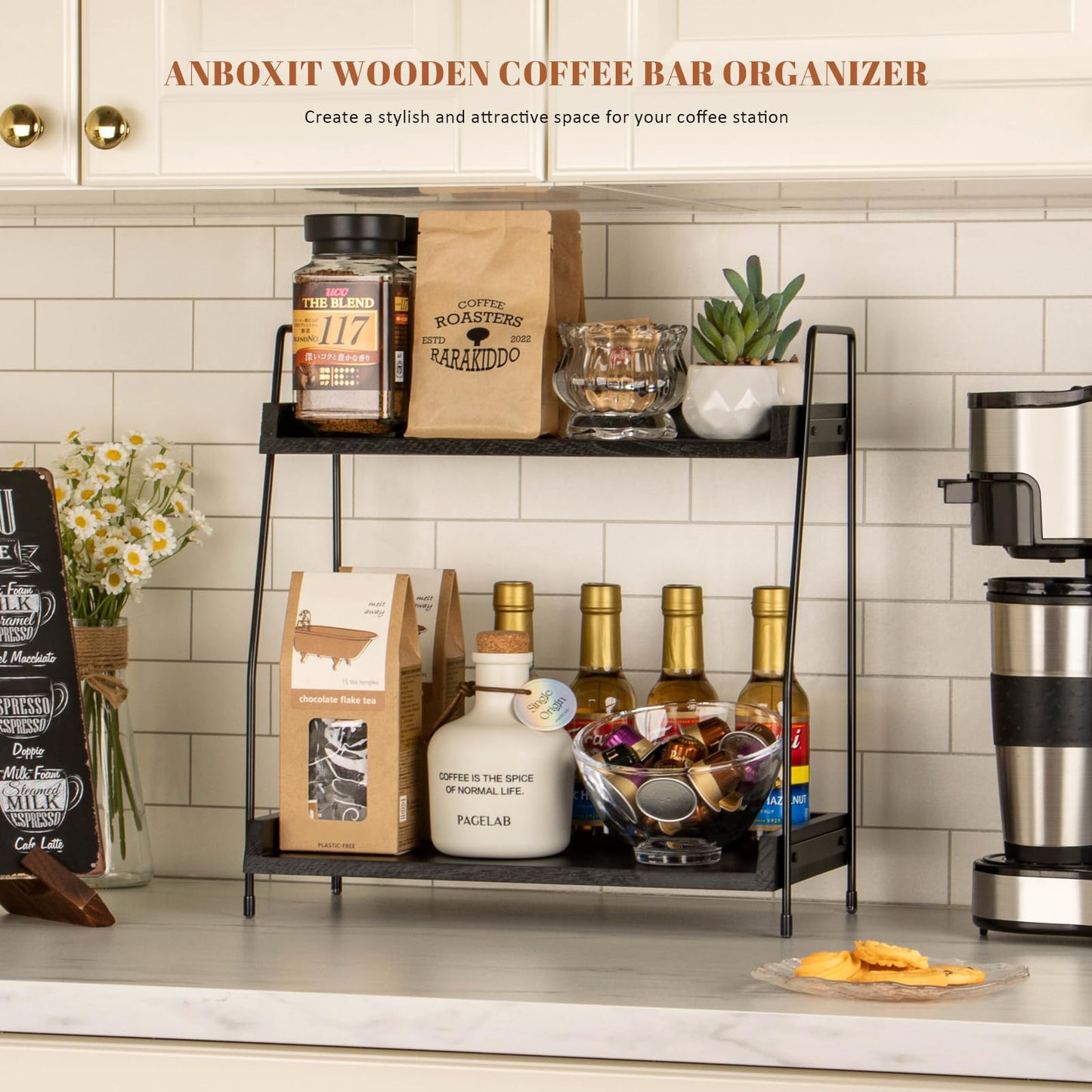 ANBOXIT 2-Tier Coffee Station Organizer, Wooden Kitchen Counter Shelf - Black