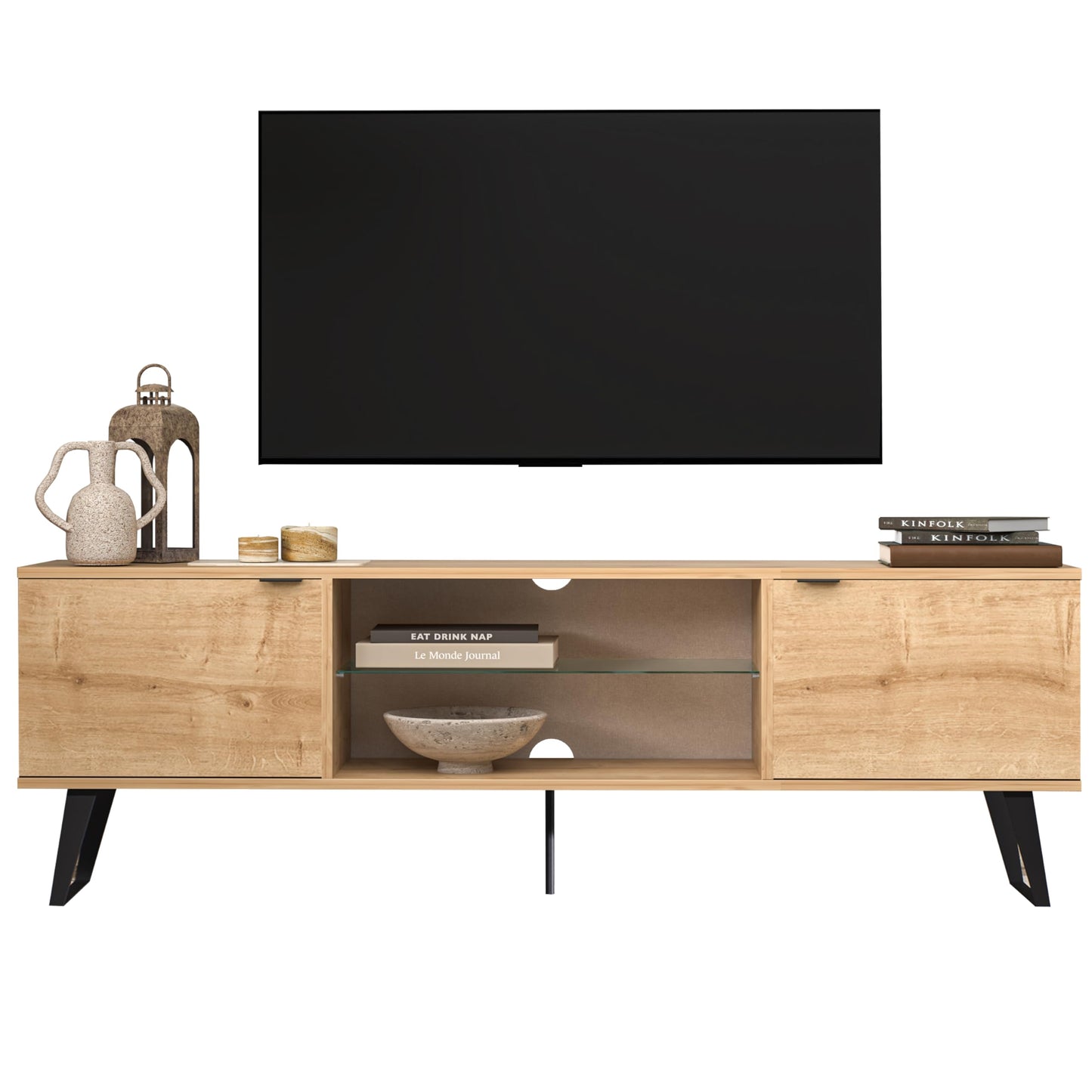 Atelier Mobili Mid Century Modern TV Stand 75 inch | Farmhouse Entertainment Center with Storage | TV Stand for 75 Inch TV | Oak TV Stand for Living Room Entertainment Center for Bedroom TV Stand