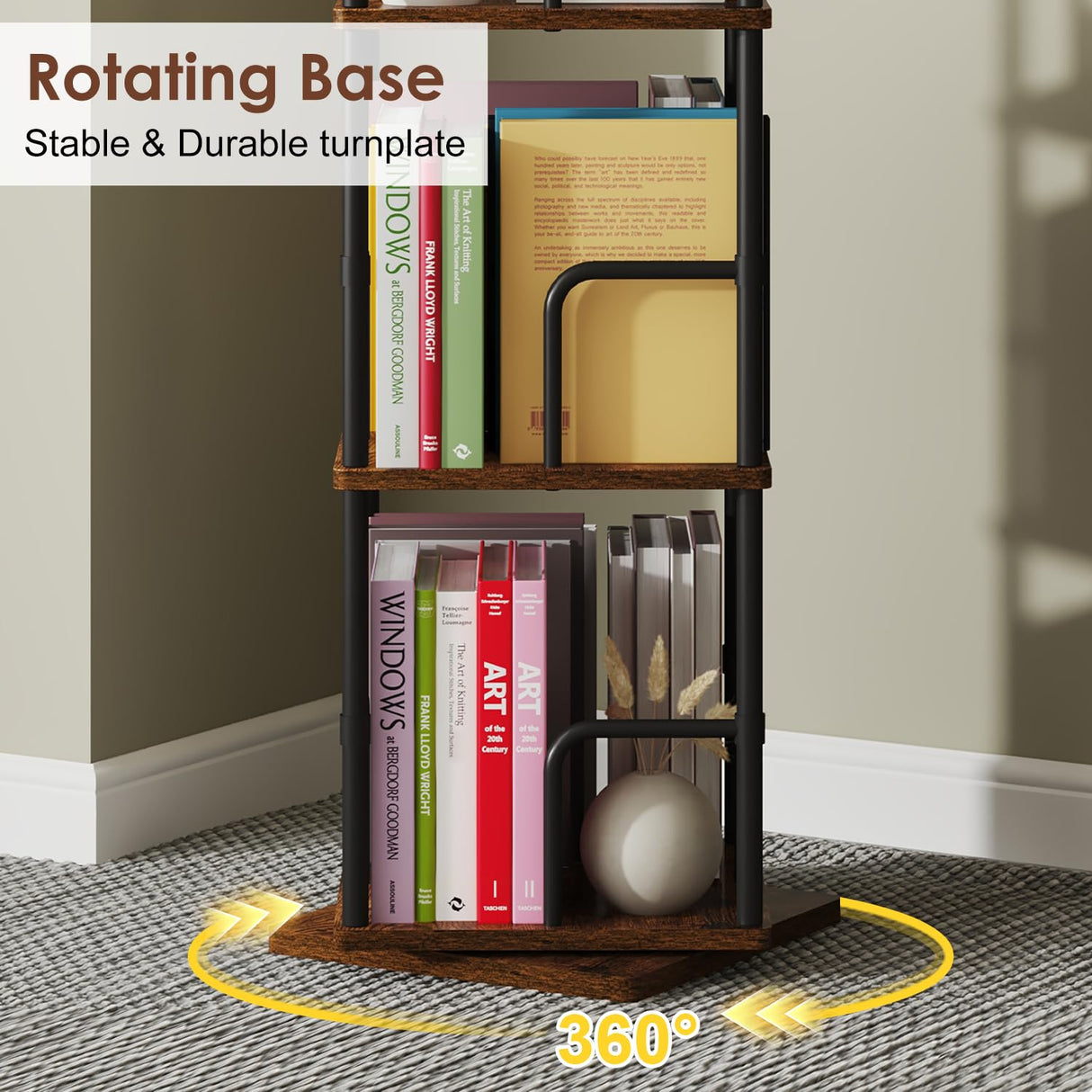 Rotating Book Shelf, 4 Tier Small Narrow Corner Bookshelf Bookcase For Small Spaces, Floor Standing Little Square Bookshelves Bookcases For Bedroom/Living Room, Sturdy, 120 Books Capacity,Retro Rustic Cidaziya