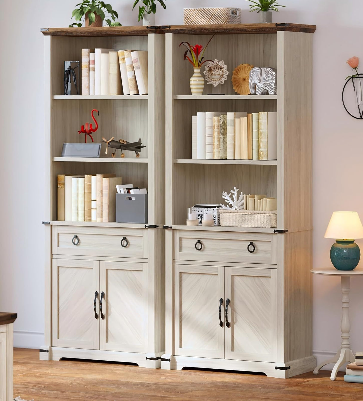 DWVO Bookcase with Doors & Drawers, Tall Bookshelf with Storage Shelves, Standing Display Shelf Organizer Rack for Home Office, Living Room, White+Walnut Grain DWVO