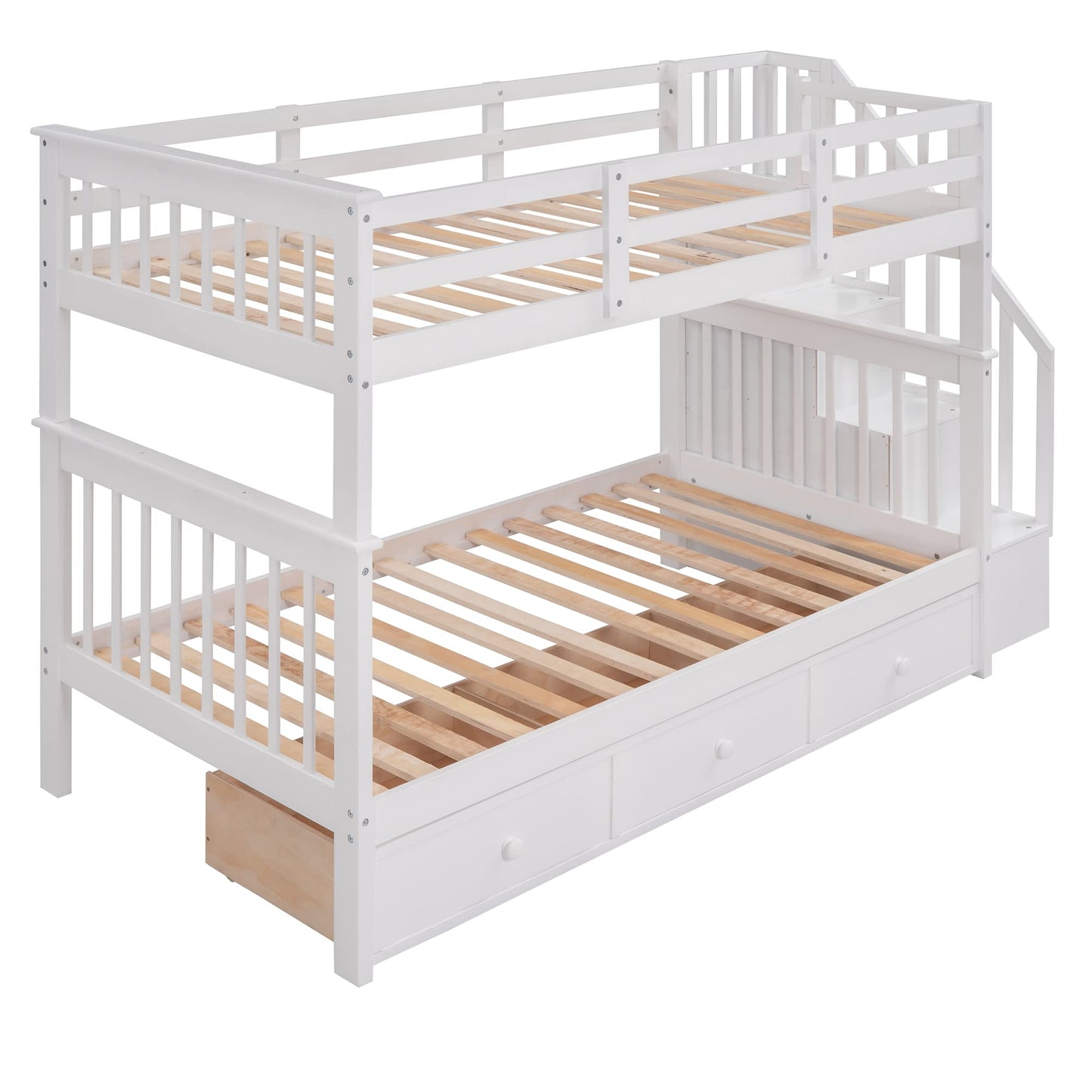 Harper & Bright Designs Twin Over Twin Bunk Bed with Stairs and Drawers, Solid Wood Stairway Bunk Bed with Storage for Kids Teens Adults, Bedroom, Dorm - White