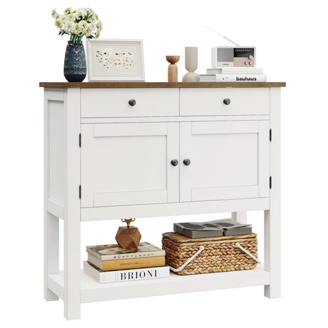 HOSTACK Farmhouse Console Table with 2-Door Cabinet & 2 Drawers, Coffee Bar, Entryway Table with Storage Shelf, Sofa Tables Buffet Sideboard for Kitchen, Hallway, Dining, Living Room, White HOSTACK