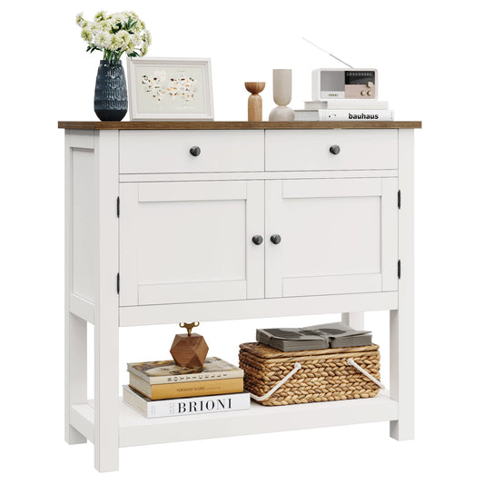 HOSTACK Farmhouse Console Table with 2-Door Cabinet & 2 Drawers, Coffee Bar, Entryway Table with Storage Shelf, Sofa Tables Buffet Sideboard for Kitchen, Hallway, Dining, Living Room, White - WoodArtSupply