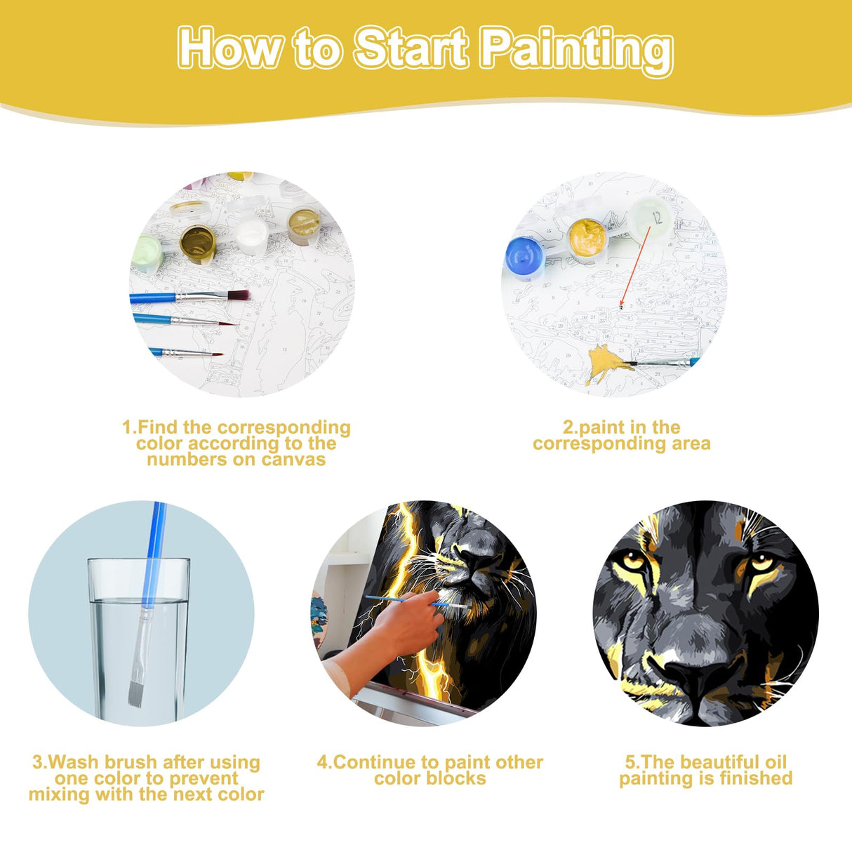 SENQAO Framed Paint by Numbers Kit for Adults Beginners with Wooden Easel, Black Lion Easy Paint by Number Kit with Frame, Watercolor Adult Paint by Number Framed Canvas 7.8x11.8inch SENQAO