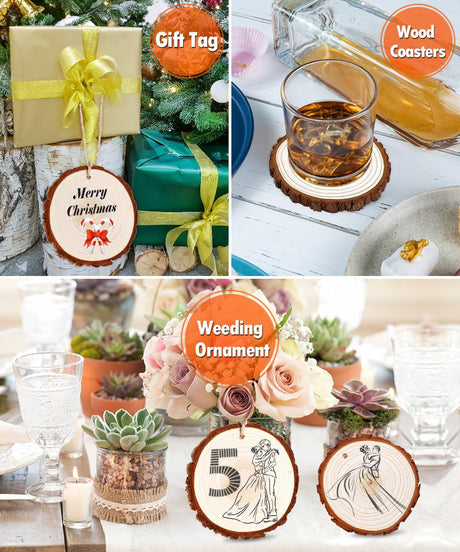 wohohoho 24pcs 2.4-2.8 inches Natural Wood Slices, Unfinished Craft Wood Kit Predrilled with Hole Thickened Wooden Circles with Bark for DIY Ornaments Christmas Wedding Decorations Wood Coasters Tags wohohoho