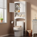 Gizoon Over The Toilet Storage Cabinet with Adjustable Shelf and Double Doors, Bathroom Space Saver Organizer Above Toilet with Open Shelf, Taller Wooden Free Standing Toilet Rack -White Gizoon