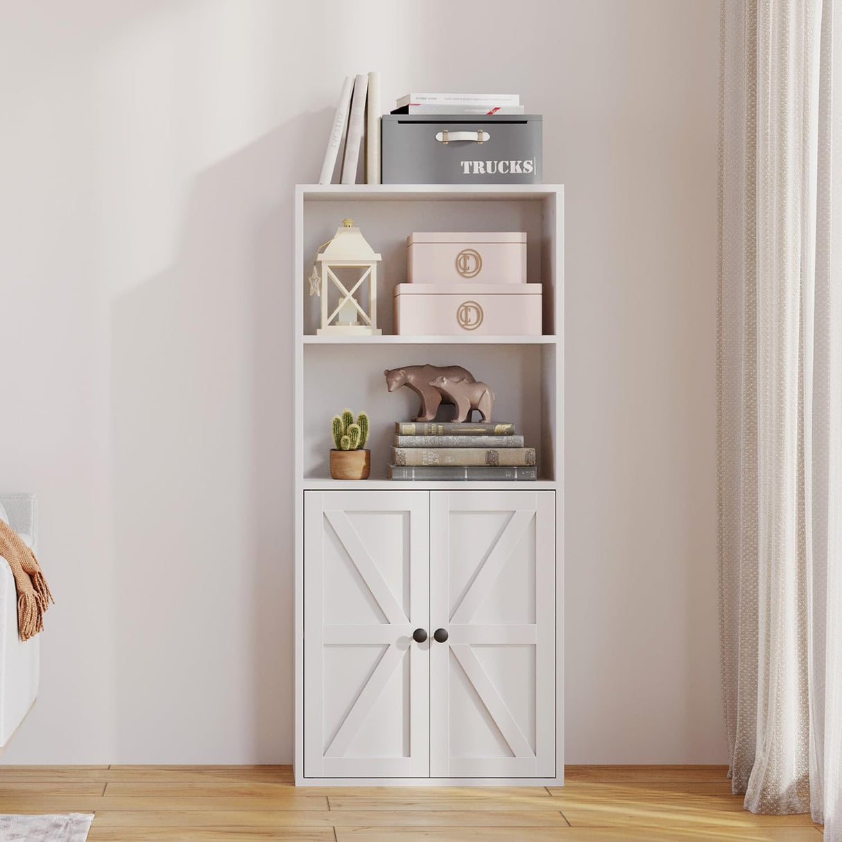 MXV Bookshelf Bookcase with Doors, 4 Tier Wooden Storage Shelves Organizer, Floor Standing Display Cabinet Shelves, Home Decor Furniture for Home Office, Living Room, Bedroom, White MXV