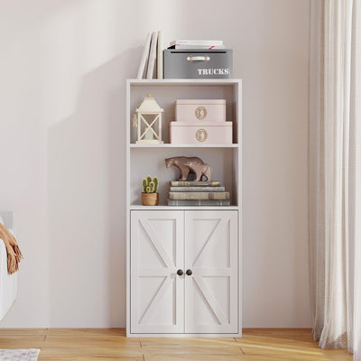 MXV Bookshelf Bookcase with Doors, 4 Tier Wooden Storage Shelves Organizer, Floor Standing Display Cabinet Shelves, Home Decor Furniture for Home Office, Living Room, Bedroom, White