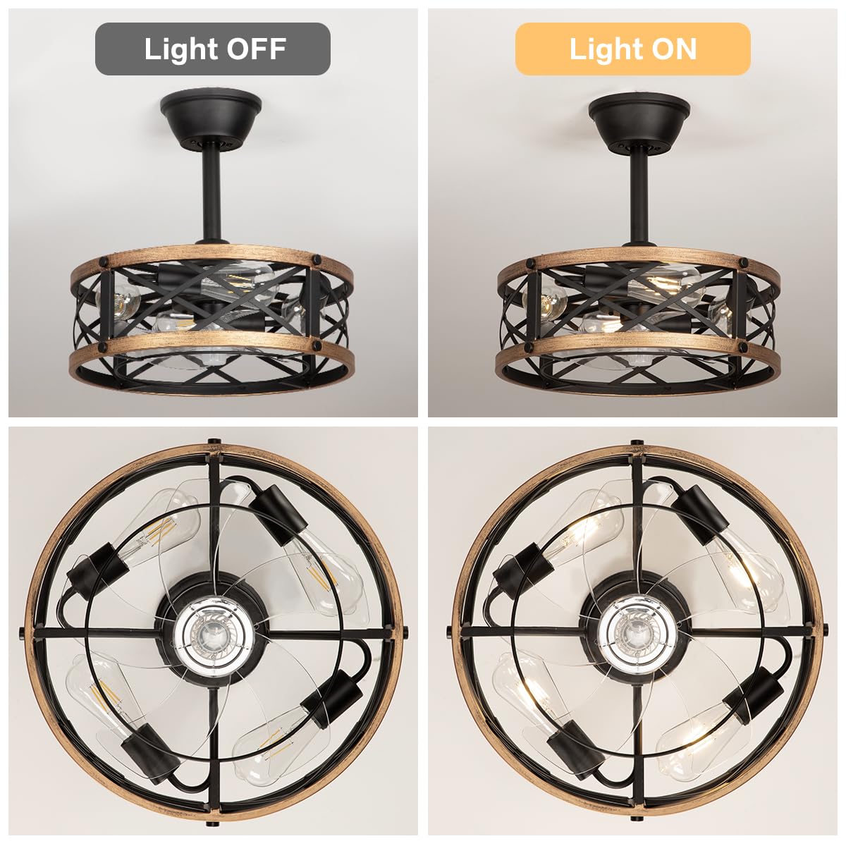 SabvioZh 16.5" Farmhouse Caged Fandelier Ceiling Fan with Light, Rustic Bladeless Small Ceiling Fans with Lights and Remote, Modern Enclosed Ceiling Fan with Light for Kitchen, Bedroom, Small Room SabvioZh