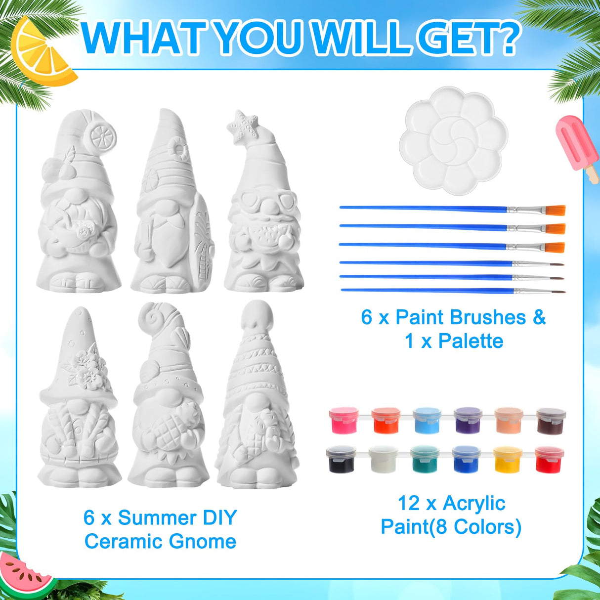 Arrowbash 6 Pcs Summer Ceramics to Paint Ready to Paint Your Own Gnome Statues 5.12 Beach Theme Paintable Figurines DIY Unpainted Ceramics Plaster Crafts Kit with Brush Palette Paint Arrowbash