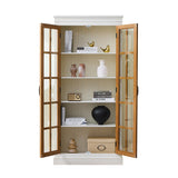 Polibi 71.2" Rustic Display Cabinet with Glass Doors - Curio China Cabinet for Collectibles, Books & Decor, Adjustable Shelves, Fits Living Room, Kitchen, Hallway or Office, White+Brown Polibi